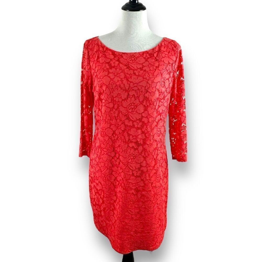 Vince Camuto Women's 12 Coral Orange 3/4 Sleeve Lace Sheath Dress Knee Length‎